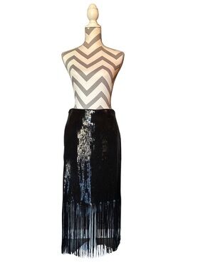 Skies Are Blue Black Sequin Fringe Midi Skirt